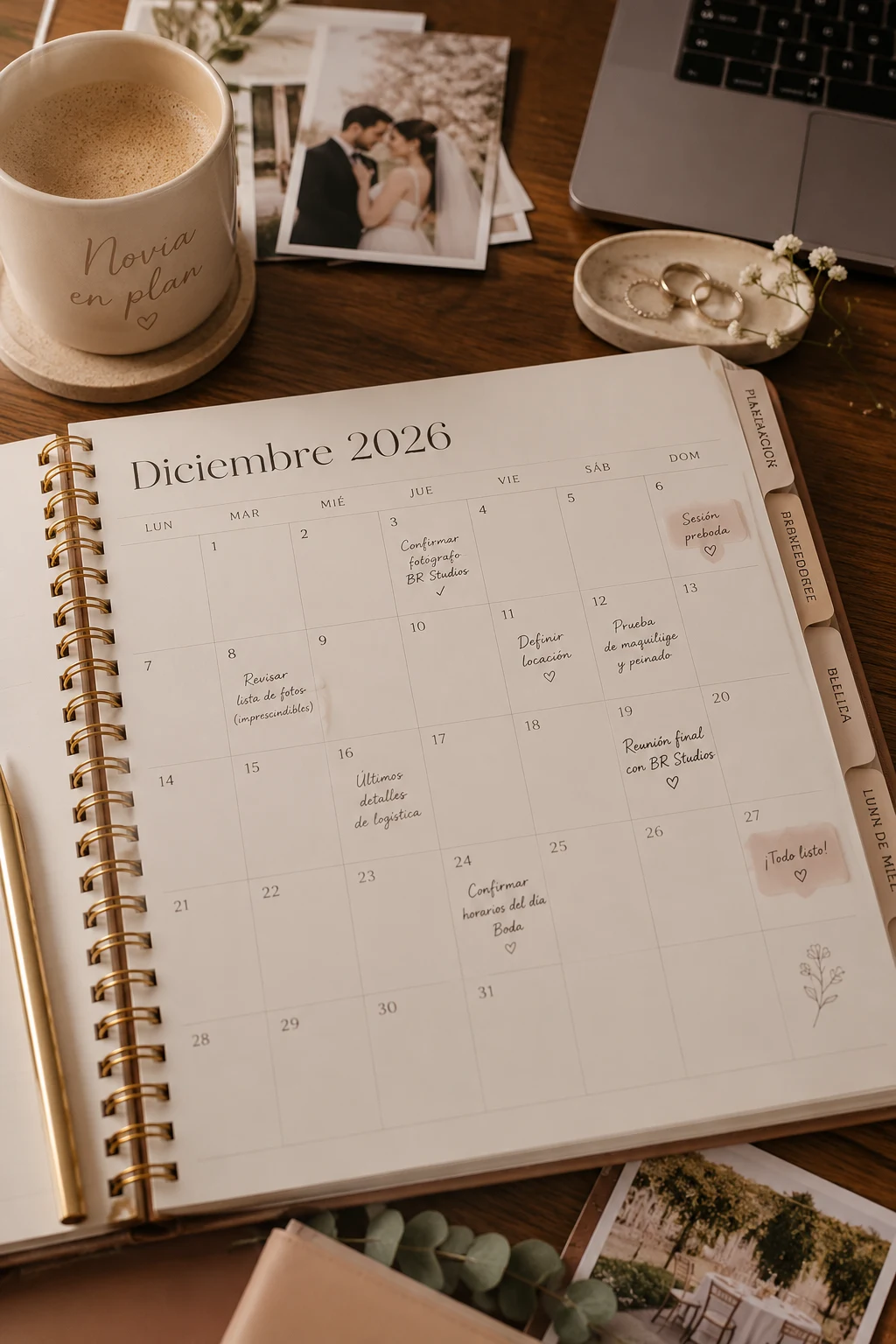 Agenda de planeación de boda de diciembre de 2026, con fotografías, anillos y una taza de café